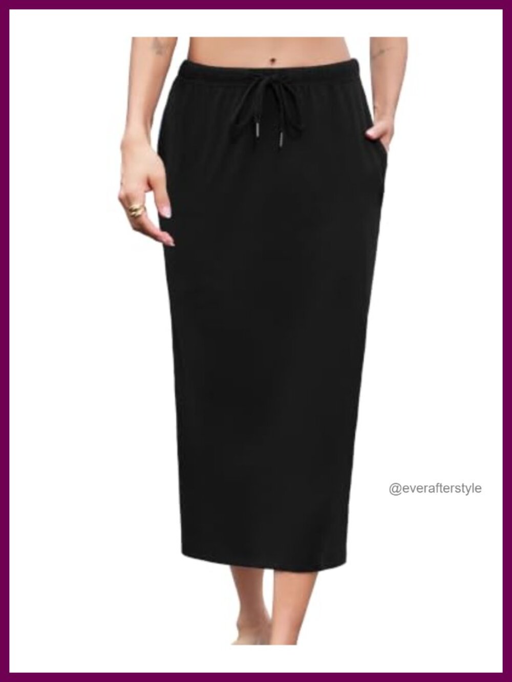 Maxi Pencil Skirt Drawstring Waist Side Slit Pockets Stretch Cotton